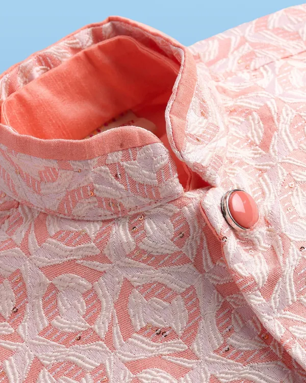 Peach_Kurta_&_Pyjama_With_Woven_Jacket_Set_For_Kids