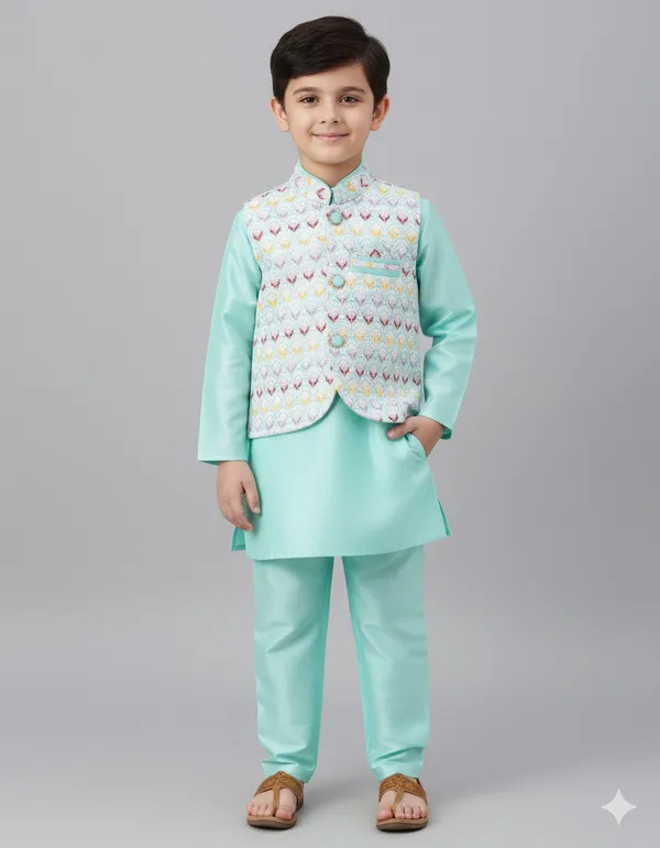 Mint_Blue_Kurta_&_Pyjama_With_Embroidered_Jacket_Set_For_Kids