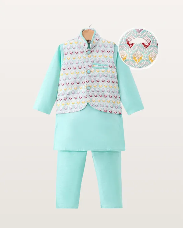 Mint_Blue_Kurta_&_Pyjama_With_Embroidered_Jacket_Set_For_Kids