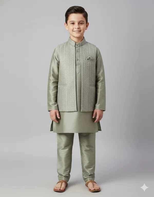 Dark_Green_Kurta_&_Pyjama_With_Jacket_Set_For_Kids