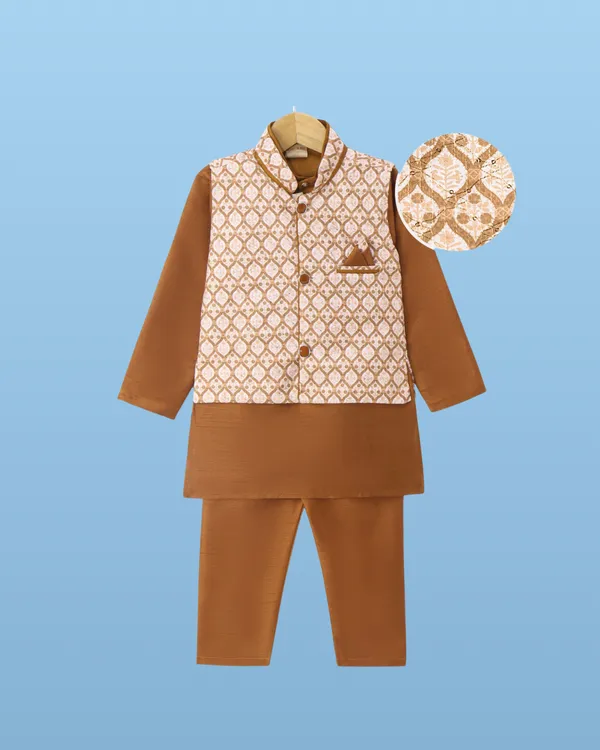 Brown_Kurta_&_Pyjama_With_Floral_Woven_Jacket_Set_For_Kids