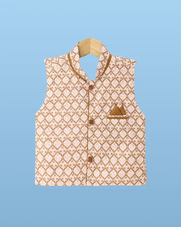 Brown_Kurta_&_Pyjama_With_Floral_Woven_Jacket_Set_For_Kids
