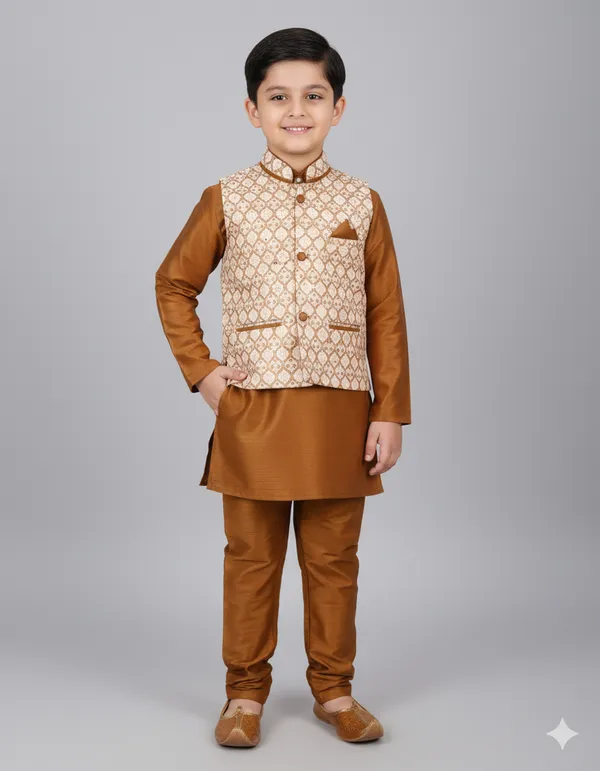 Brown_Kurta_&_Pyjama_With_Floral_Woven_Jacket_Set_For_Kids