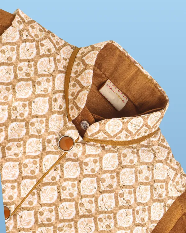 Brown_Kurta_&_Pyjama_With_Floral_Woven_Jacket_Set_For_Kids