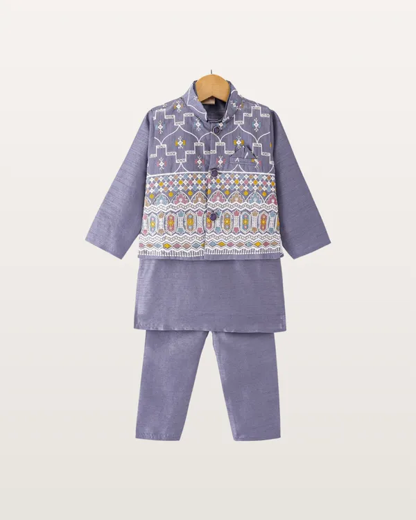 Lavender_Kurta_&_Pyjama_With_Embroidered_Jacket_Set_For_Kids