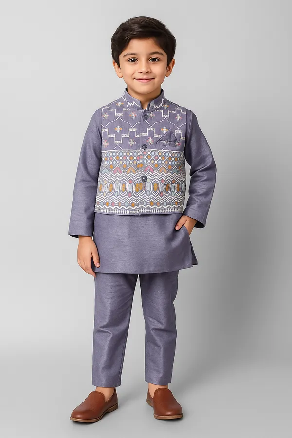 Lavender_Kurta_&_Pyjama_With_Embroidered_Jacket_Set_For_Kids