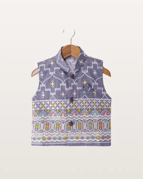 Lavender_Kurta_&_Pyjama_With_Embroidered_Jacket_Set_For_Kids