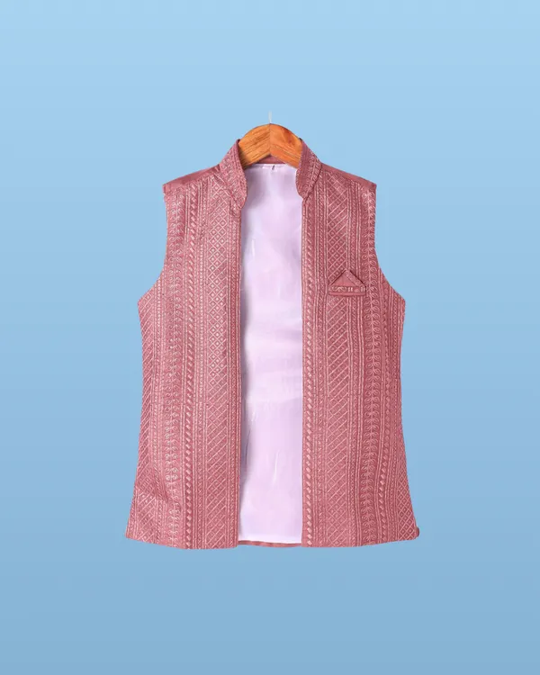 Pink_Kurta_&_Pyjama_With_Self-Embroidered_Jacket_Set_For_Kids
