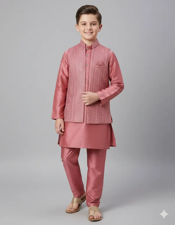 Pink_Kurta_&_Pyjama_With_Self-Embroidered_Jacket_Set_For_Kids