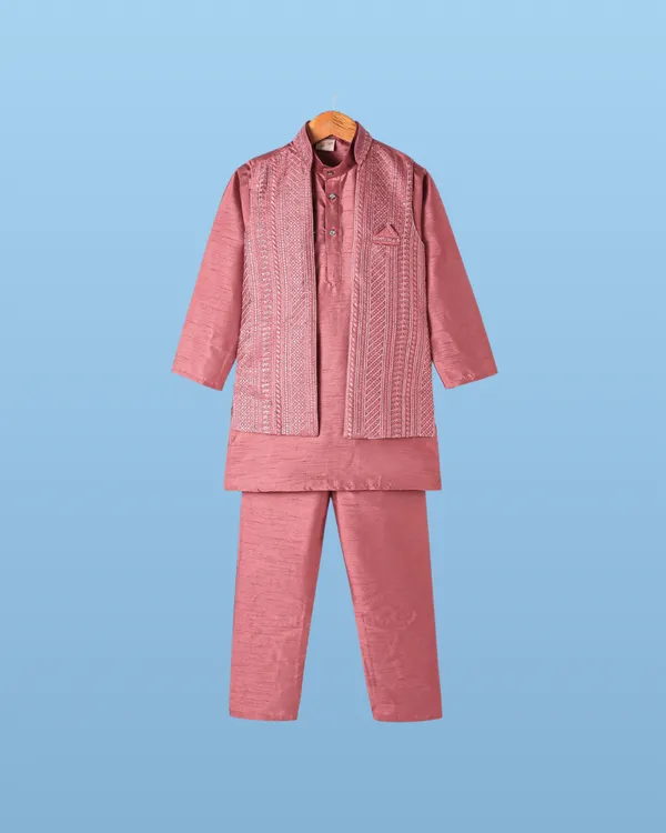 Pink_Kurta_&_Pyjama_With_Self-Embroidered_Jacket_Set_For_Kids