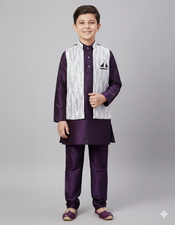 Purple_Kurta_&_Pyjama_With_Sequined_Jacket_Set_For_Kids