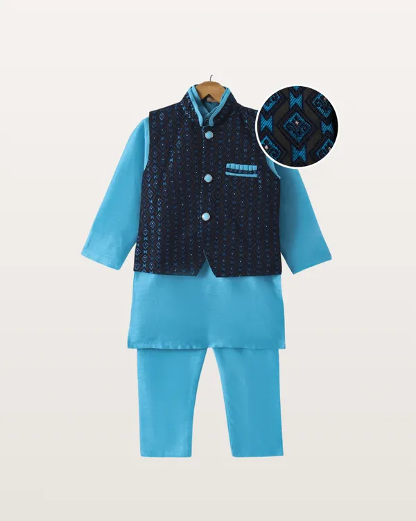 Light_Blue_Kurta_&_Pyjama_With_Geometric_Jacket_Set_For_Kids