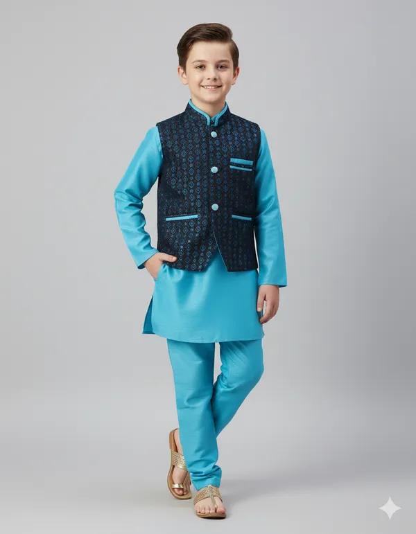 Light_Blue_Kurta_&_Pyjama_With_Geometric_Jacket_Set_For_Kids