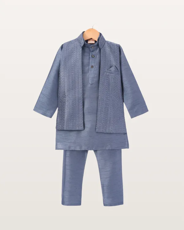 Blue_Kurta_&_Pyjama_With_Tone-on-Tone_Embroidered_Jacket_Set_For_Kids