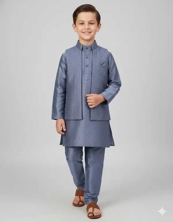 Blue_Kurta_&_Pyjama_With_Tone-on-Tone_Embroidered_Jacket_Set_For_Kids