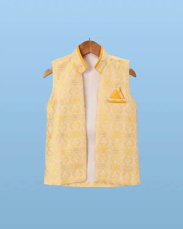 Yellow_Kurta_&_Pyjama_With_Woven_Jacket_Set_For_Kids