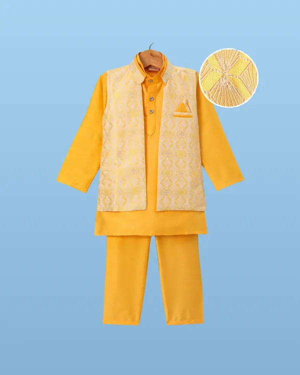 Yellow_Kurta_&_Pyjama_With_Woven_Jacket_Set_For_Kids