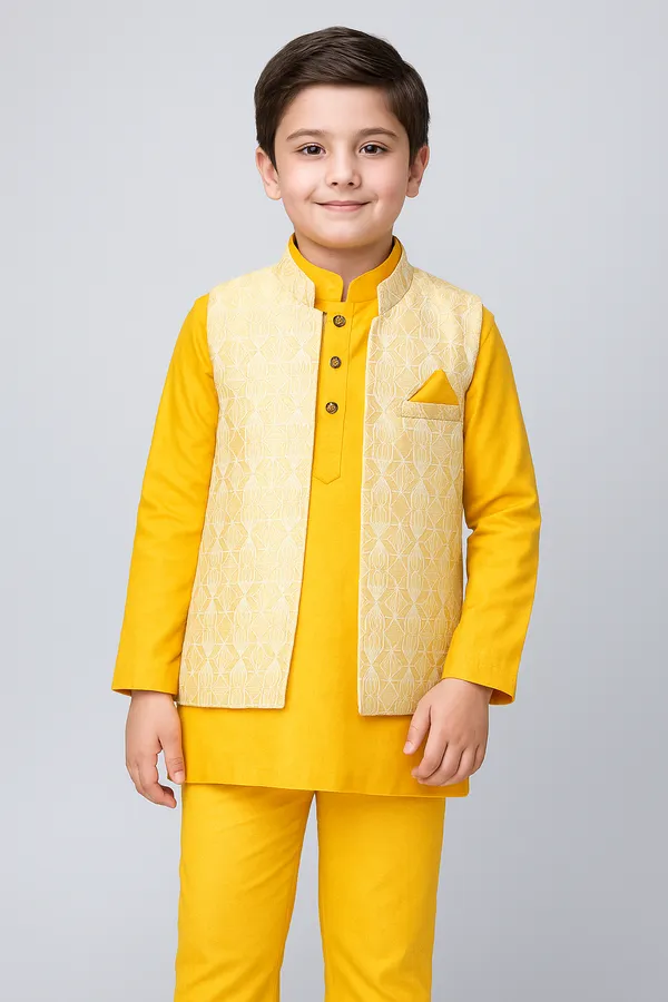 Yellow_Kurta_&_Pyjama_With_Woven_Jacket_Set_For_Kids