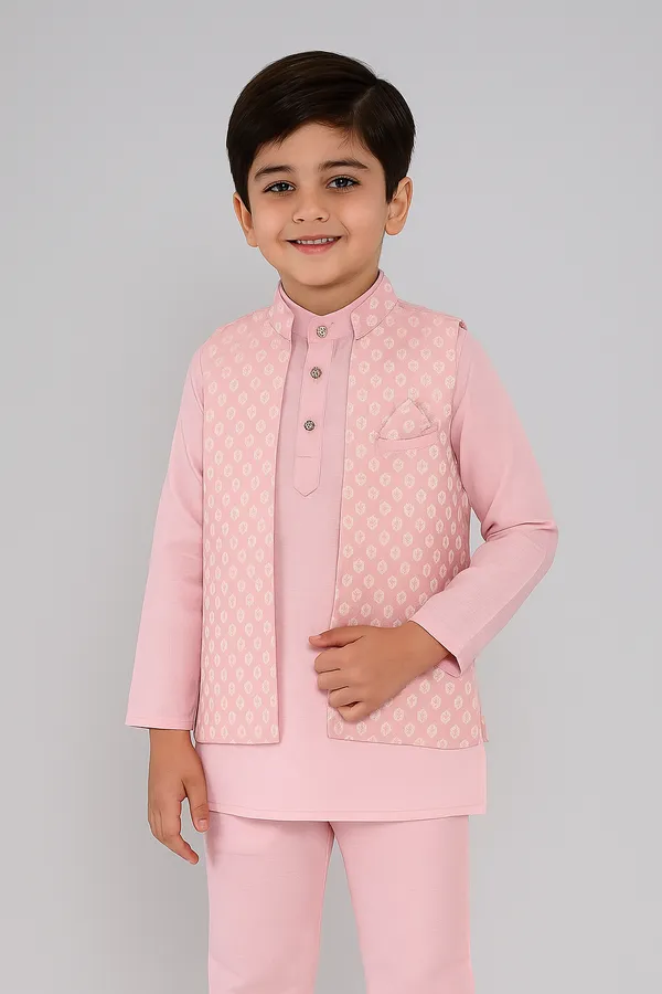 Pink_Kurta_&_Pyjama_With_Woven_Jacket_Set_For_Kids