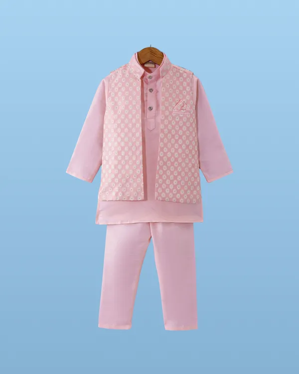 Pink_Kurta_&_Pyjama_With_Woven_Jacket_Set_For_Kids