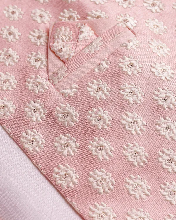 Pink_Kurta_&_Pyjama_With_Woven_Jacket_Set_For_Kids