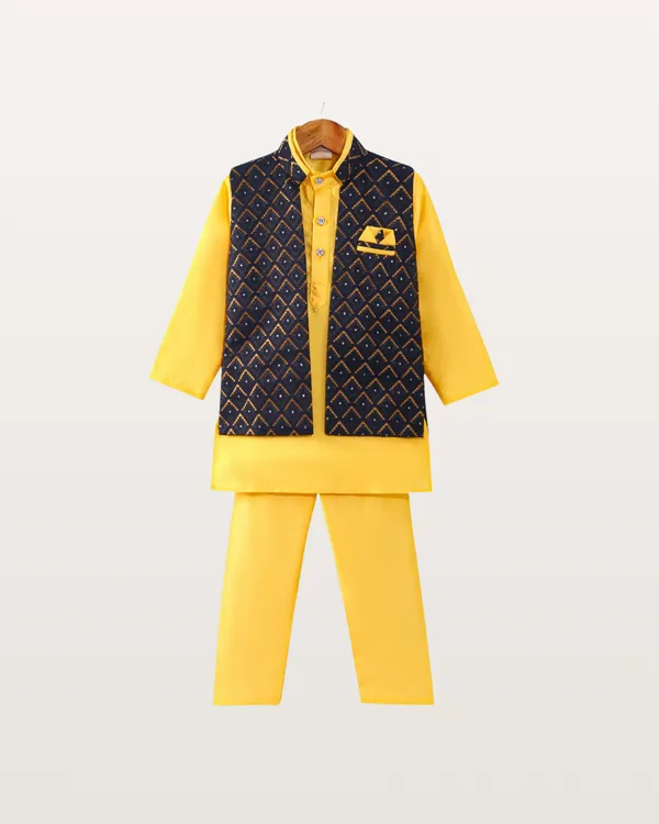 Bright_Yellow_Kurta_&_Pyjama_With_Diamond_Pattern_Embroidered_Jacket_Set_For_Kids