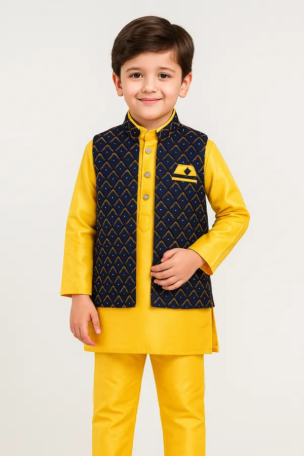 Bright_Yellow_Kurta_&_Pyjama_With_Diamond_Pattern_Embroidered_Jacket_Set_For_Kids