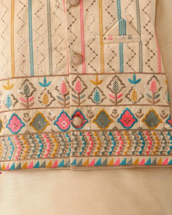 Beige_Kurta_&_Pyjama_With_Abstract_Embroidered_Jacket_Set_For_Kids
