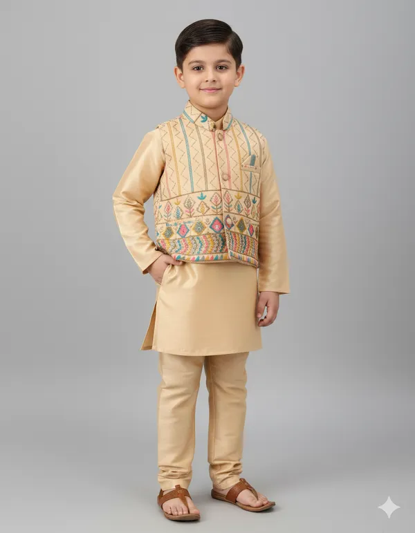 Beige_Kurta_&_Pyjama_With_Abstract_Embroidered_Jacket_Set_For_Kids