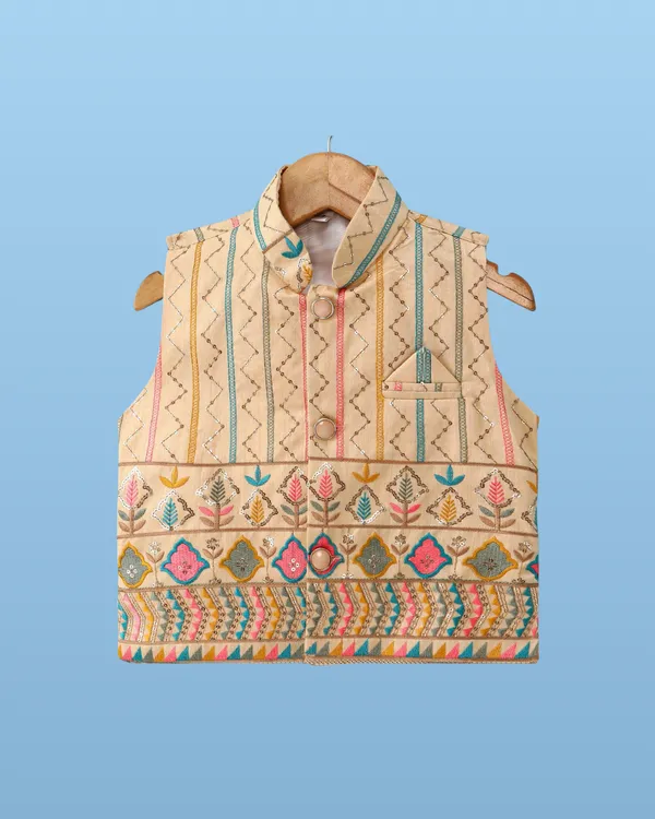 Beige_Kurta_&_Pyjama_With_Abstract_Embroidered_Jacket_Set_For_Kids