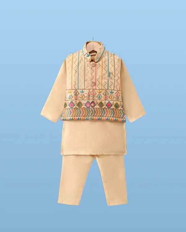 Beige_Kurta_&_Pyjama_With_Abstract_Embroidered_Jacket_Set_For_Kids