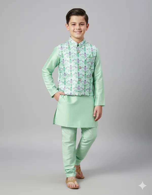 Mint_Green_Kurta_&_Pyjama_With_Floral_Printed_Jacket_Set_For_Kids