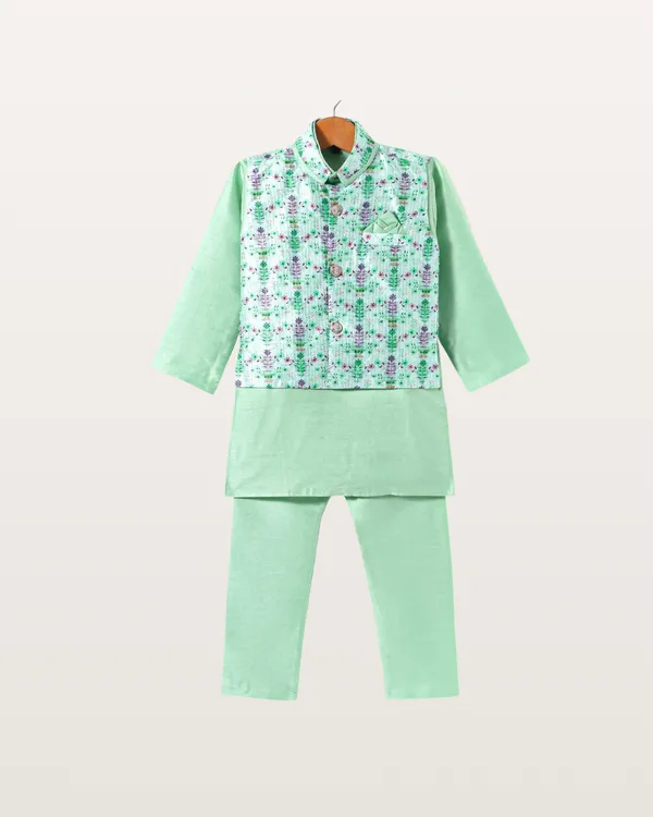 Mint_Green_Kurta_&_Pyjama_With_Floral_Printed_Jacket_Set_For_Kids