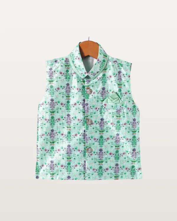 Mint_Green_Kurta_&_Pyjama_With_Floral_Printed_Jacket_Set_For_Kids