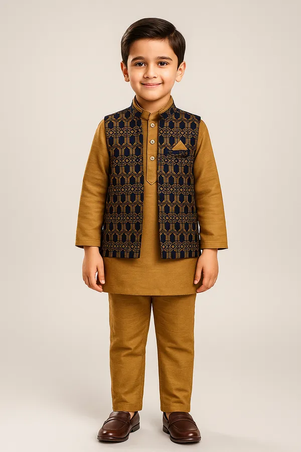 Tan_Kurta_&_Pyjama_With_Navy_Jacket_Set_For_Kids