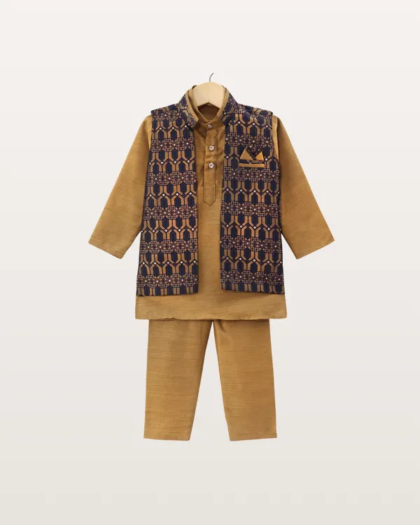 Tan_Kurta_&_Pyjama_With_Navy_Jacket_Set_For_Kids