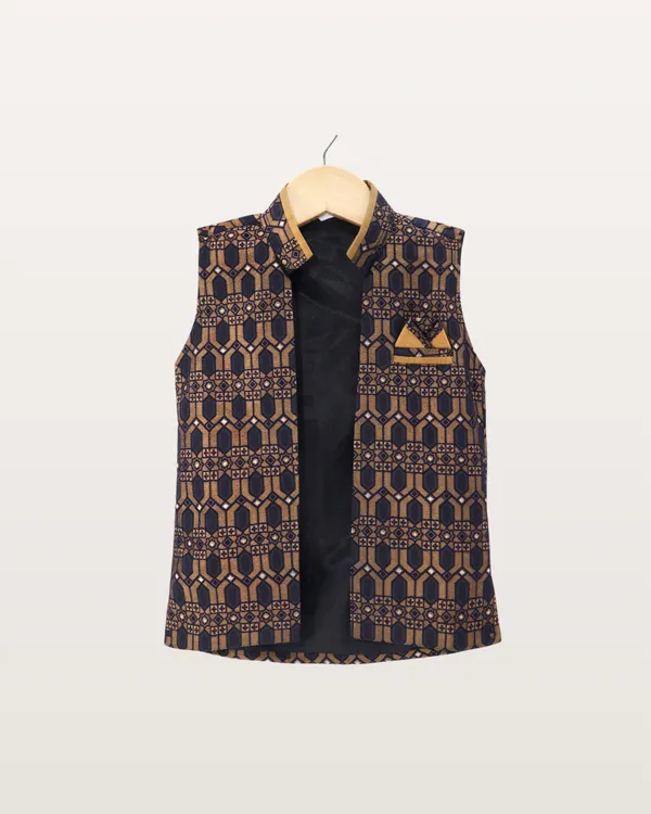 Tan_Kurta_&_Pyjama_With_Navy_Jacket_Set_For_Kids
