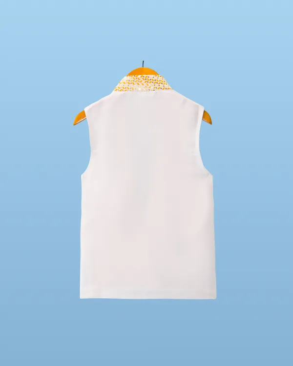 White_Kurta_&_Pyjama_With_Sequin_Work_Jacket_Set_For_Kids