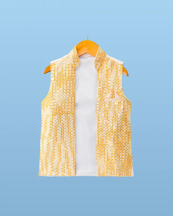 White_Kurta_&_Pyjama_With_Sequin_Work_Jacket_Set_For_Kids