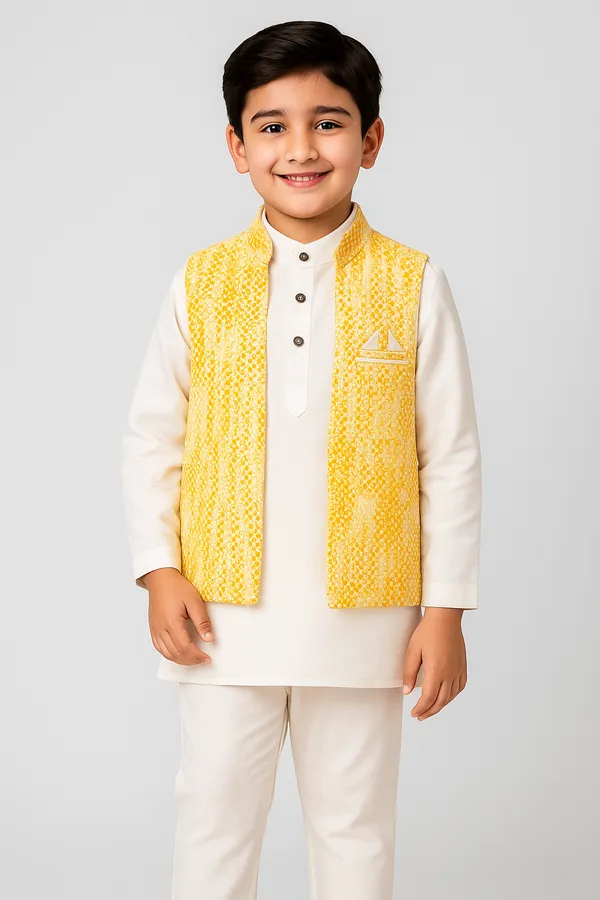 White_Kurta_&_Pyjama_With_Sequin_Work_Jacket_Set_For_Kids
