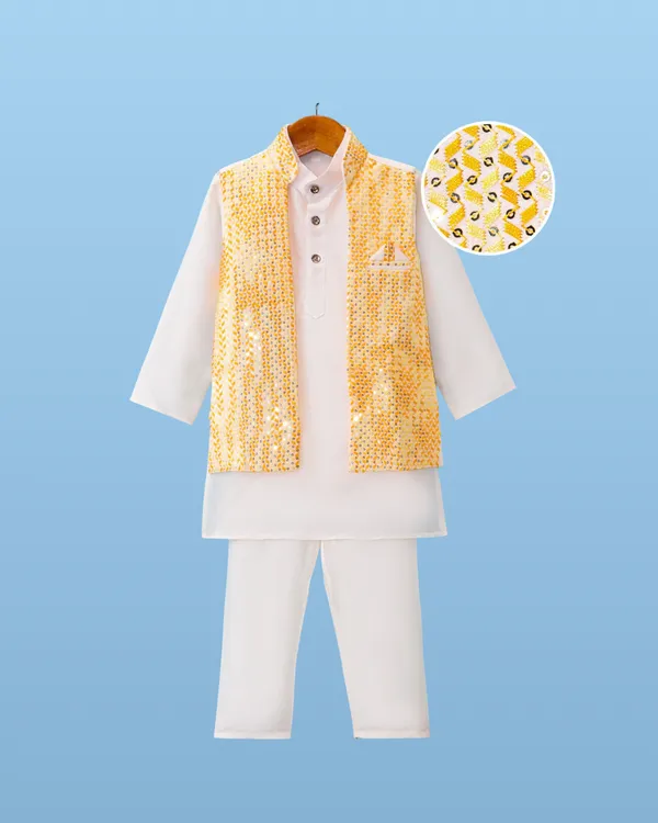 White_Kurta_&_Pyjama_With_Sequin_Work_Jacket_Set_For_Kids
