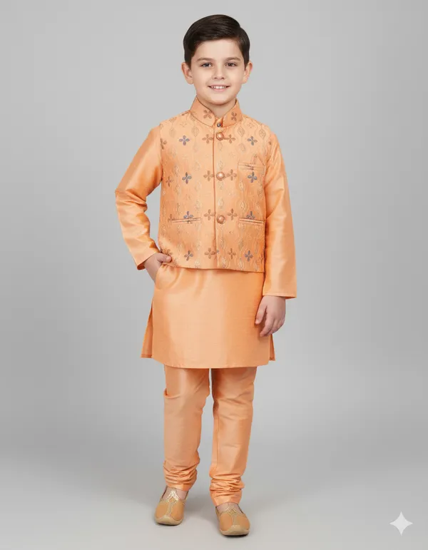 Peach_Kurta_&_Pyjama_With_Floral_Jacket_Set_For_Kids