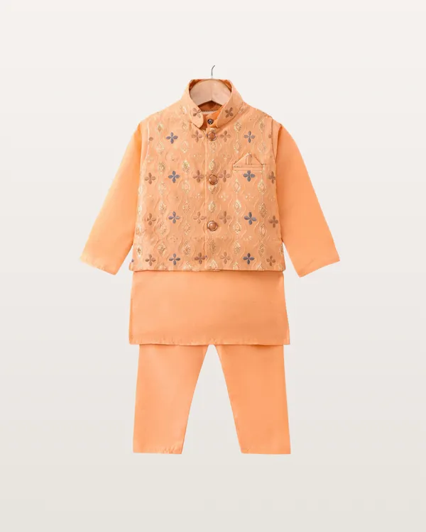 Peach_Kurta_&_Pyjama_With_Floral_Jacket_Set_For_Kids