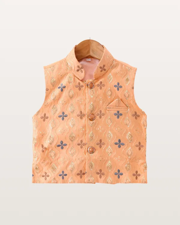 Peach_Kurta_&_Pyjama_With_Floral_Jacket_Set_For_Kids