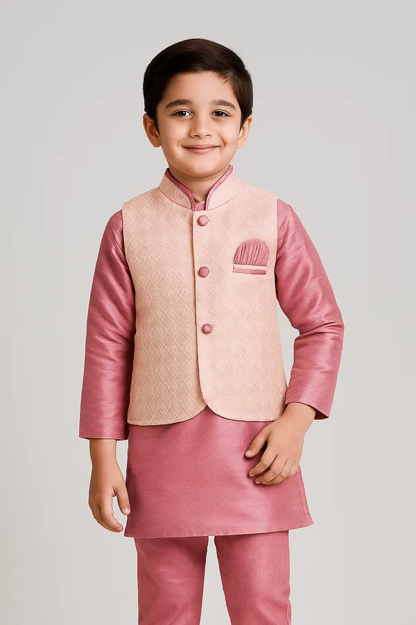Peach_Kurta_&_Pyjama_With_All-Over_Woven_Jacket_Set_For_Kids