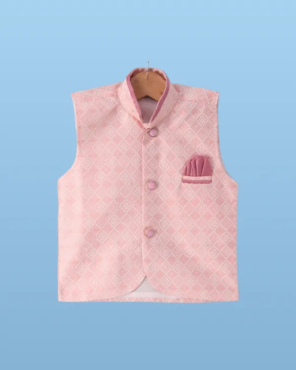 Peach_Kurta_&_Pyjama_With_All-Over_Woven_Jacket_Set_For_Kids