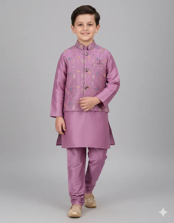 Lavender_Kurta_&_Pyjama_With_Delicate_Dori_Embroidered_Jacket_Set_For_Kids