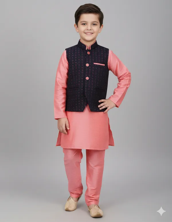 Peach_Kurta_&_Pyjama_With_Solid_Black_Jacket_Set_For_Kids
