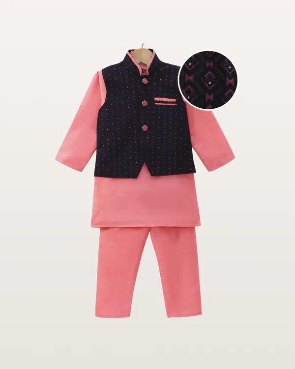 Peach_Kurta_&_Pyjama_With_Solid_Black_Jacket_Set_For_Kids