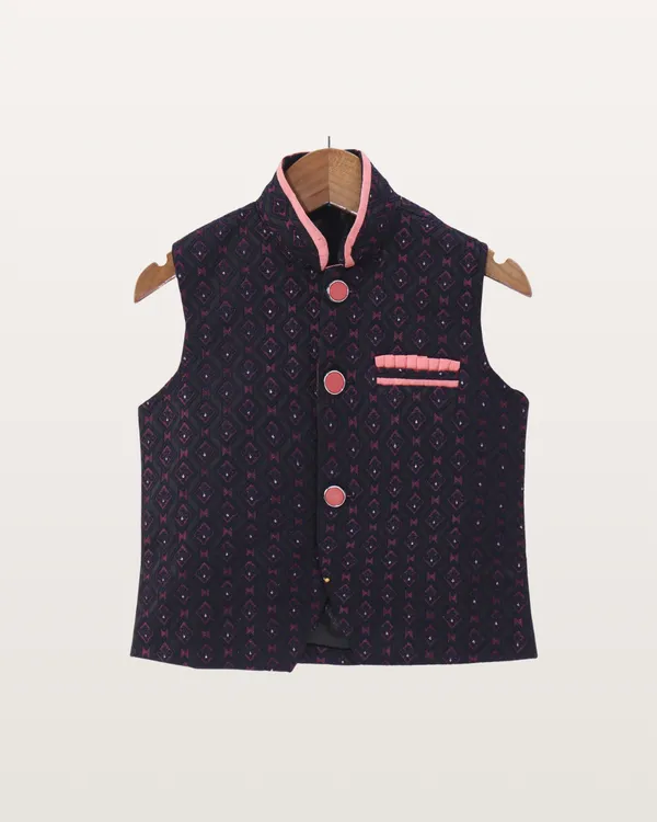 Peach_Kurta_&_Pyjama_With_Solid_Black_Jacket_Set_For_Kids